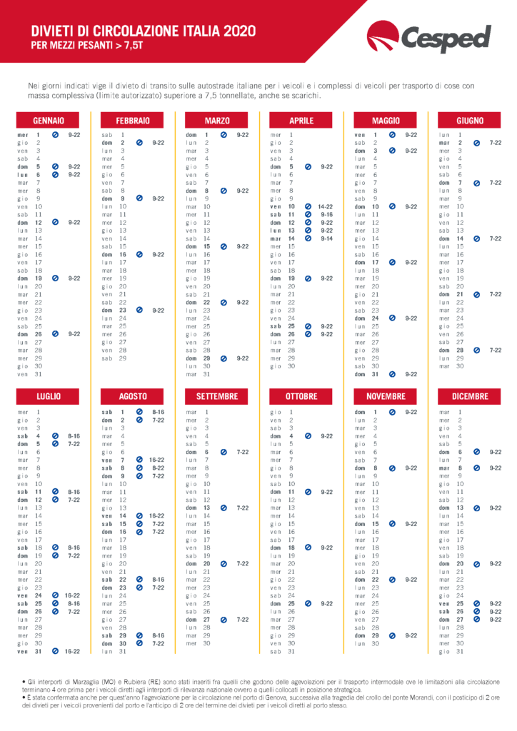 Calendario 2020 – Divieti di circolazione per mezzi pesanti 1